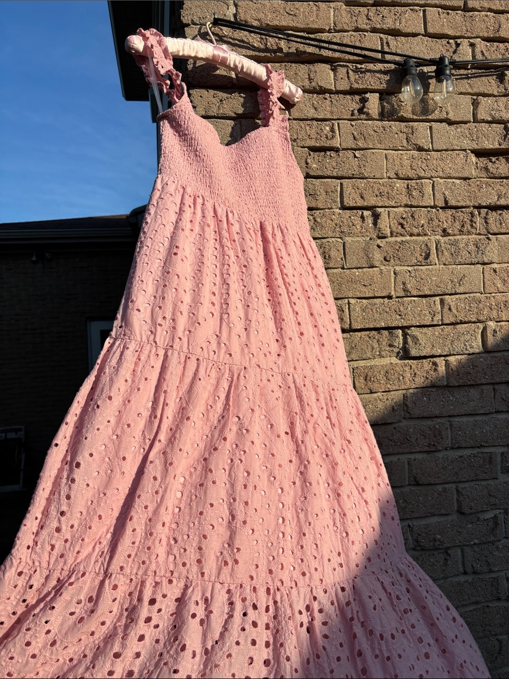 Smocked Pink Eyelet Tiered Maxi Dress with Ruffle Straps, 100% Cotton w/ lining